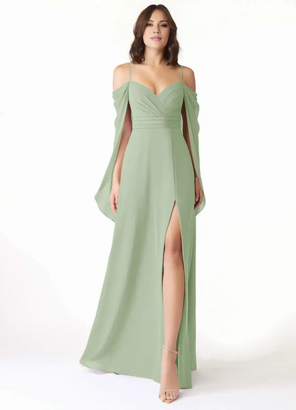 A-Line Chiffon Cold Shoulder High Slit Wedding Dress - Yihuiw by Yihuiw