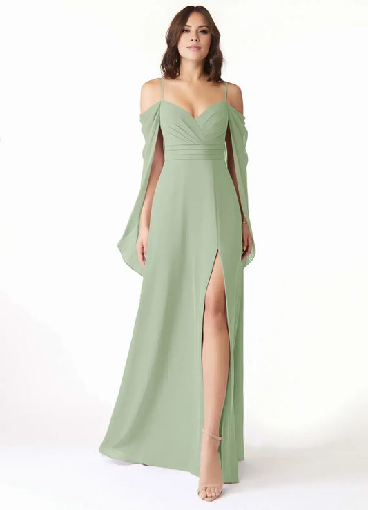 A-Line Chiffon Cold Shoulder High Slit Wedding Dress - Yihuiw by Yihuiw