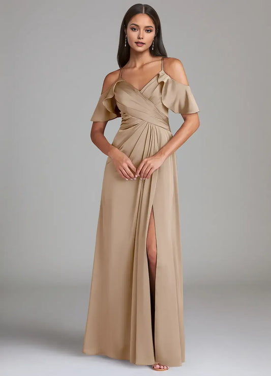 A-Line Satin Cold Shoulder High Slit Wedding Dress - Yihuiw by Yihuiw