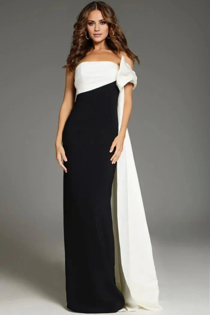 Color-Block Satin Off-the-Shoulder Bow-Accent Sheath Silhouette Asymmetric Train Floor-Length Modern Formal Evening Dress by YiHuiw
