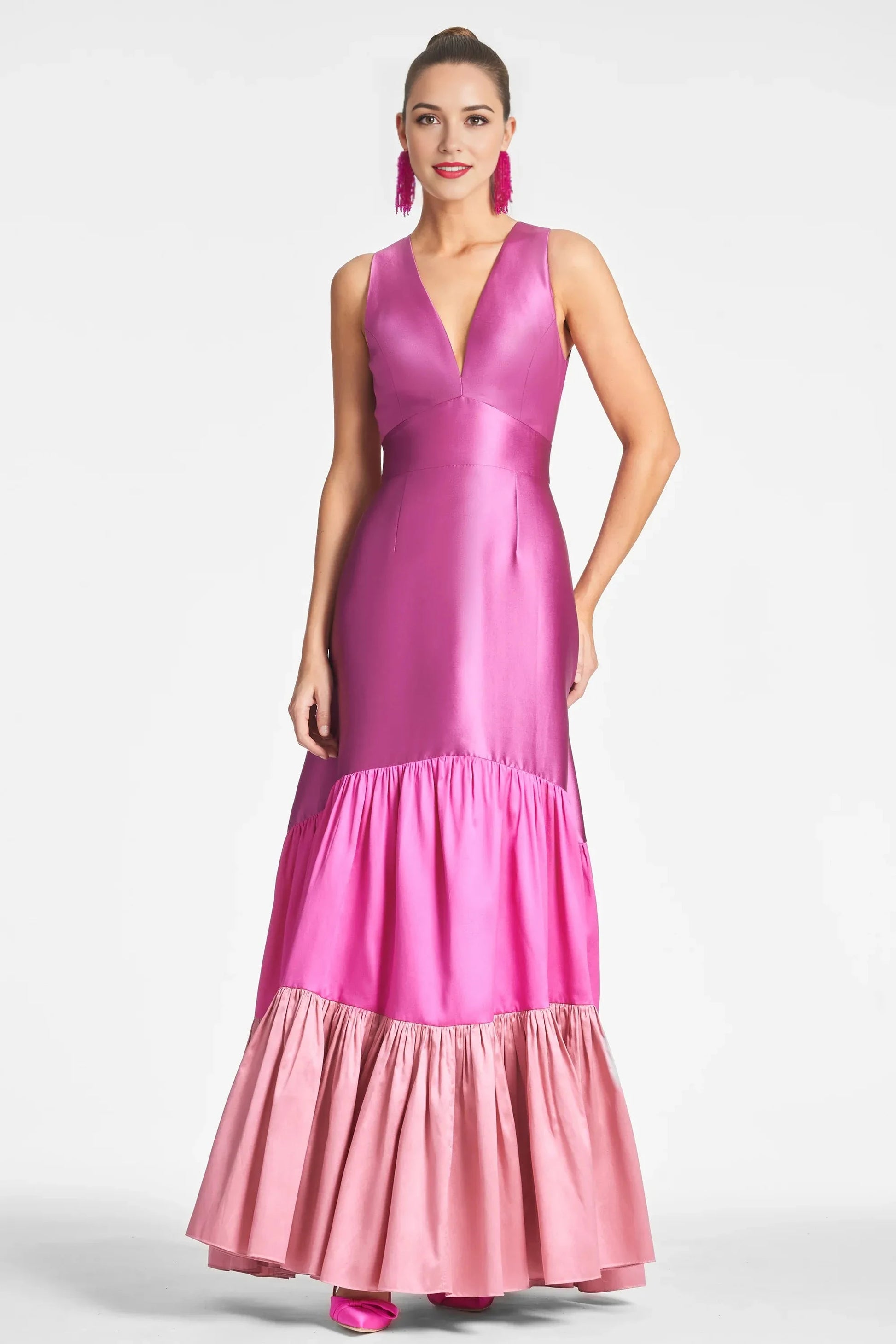 Color Blocked Tiered Mermaid V Neck Sleeveless Zipper Back Floor Length For Ladies Evening Dress by YiHuiw