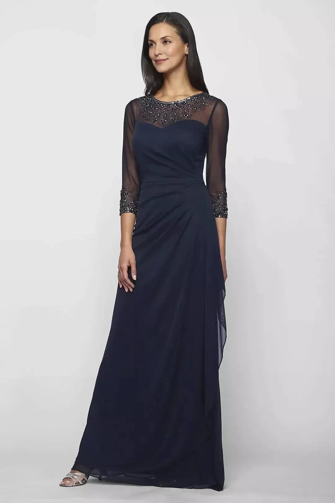 Composed Sheath Illusion Neck Three Quarter Sleeve Beaded Back Floor Length Mother of the Bride Dress by YiHuiw