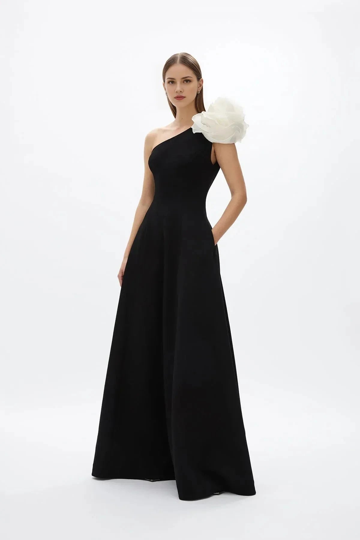 Contrasted A Line One Shoulder Sleeveless Zipper Back Floor Length Hot sale Prom Dress by YiHuiw