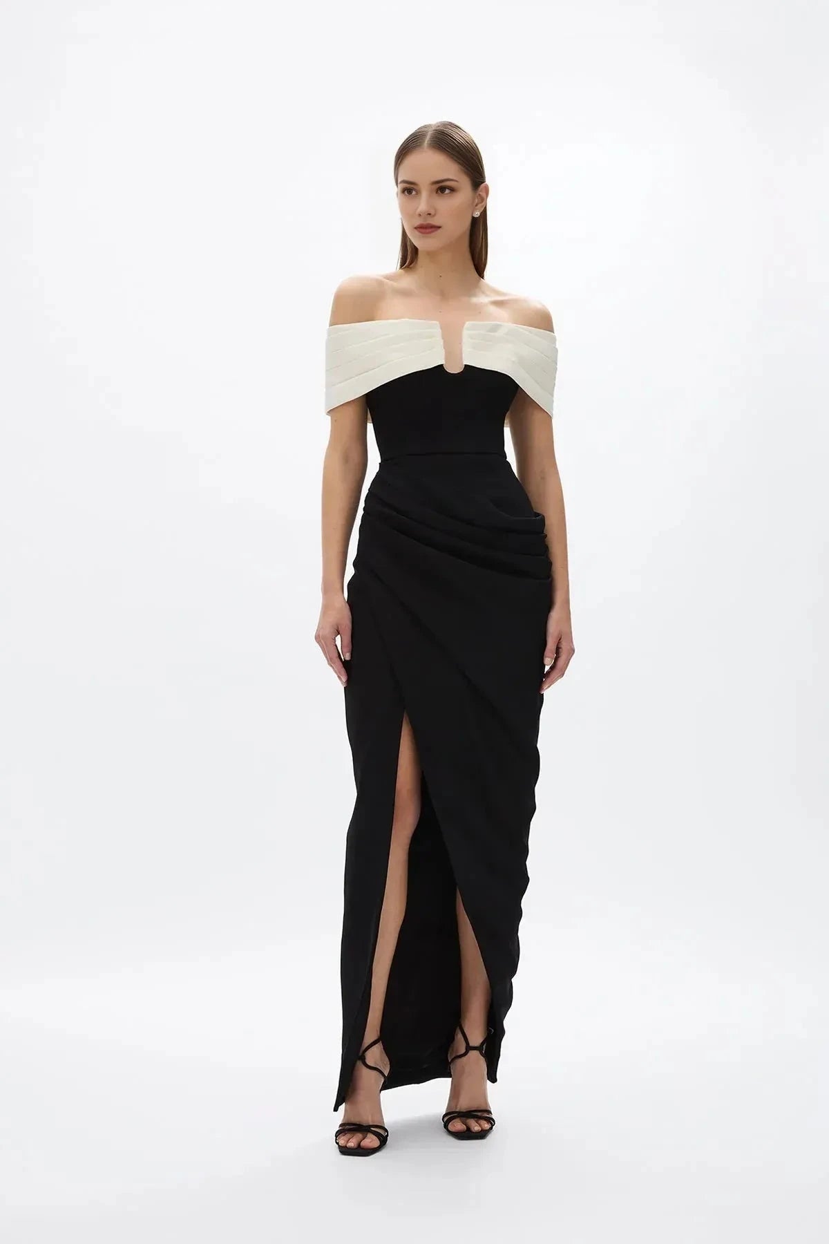 Contrasted Sheath Off the Shoulder Sleeveless Zipper Back High Slit Floor Length Hot sale Prom Dress by YiHuiw