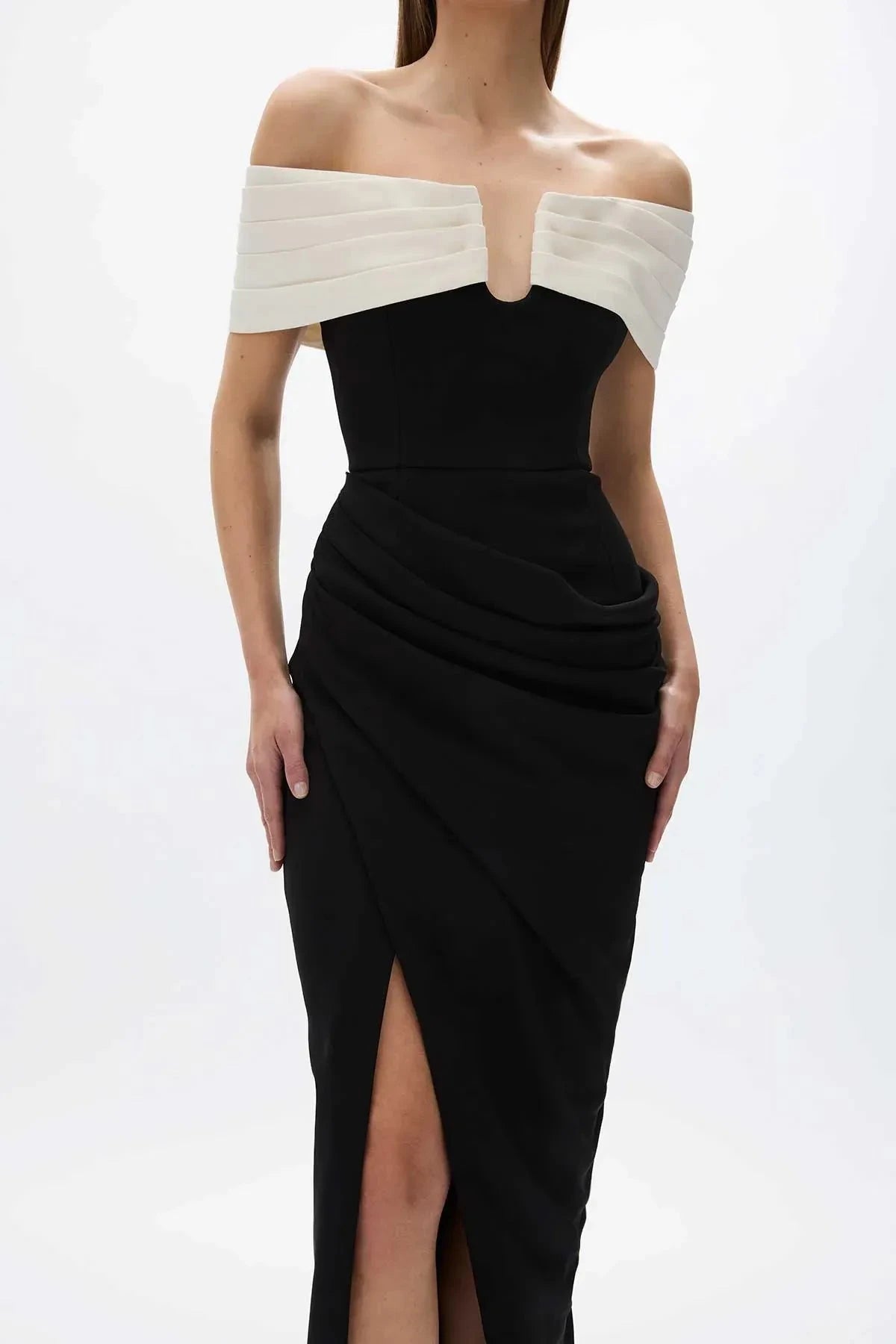 Contrasted Sheath Off the Shoulder Sleeveless Zipper Back High Slit Floor Length Hot sale Prom Dress by YiHuiw