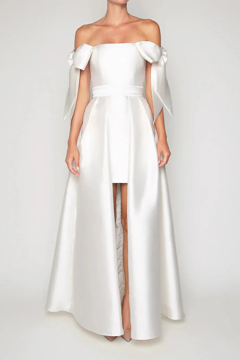 Convertible Bow Accent A Line Off the Shoulder Sleeveless Zipper Back Floor Length Hot Sale Evening Dress by YiHuiw