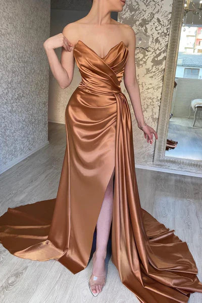 Copper satin dress with strapless cross neckline suitable for dinner parties by YiHuiw