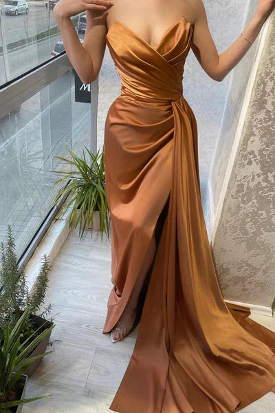 Copper satin dress with strapless cross neckline suitable for dinner parties by YiHuiw