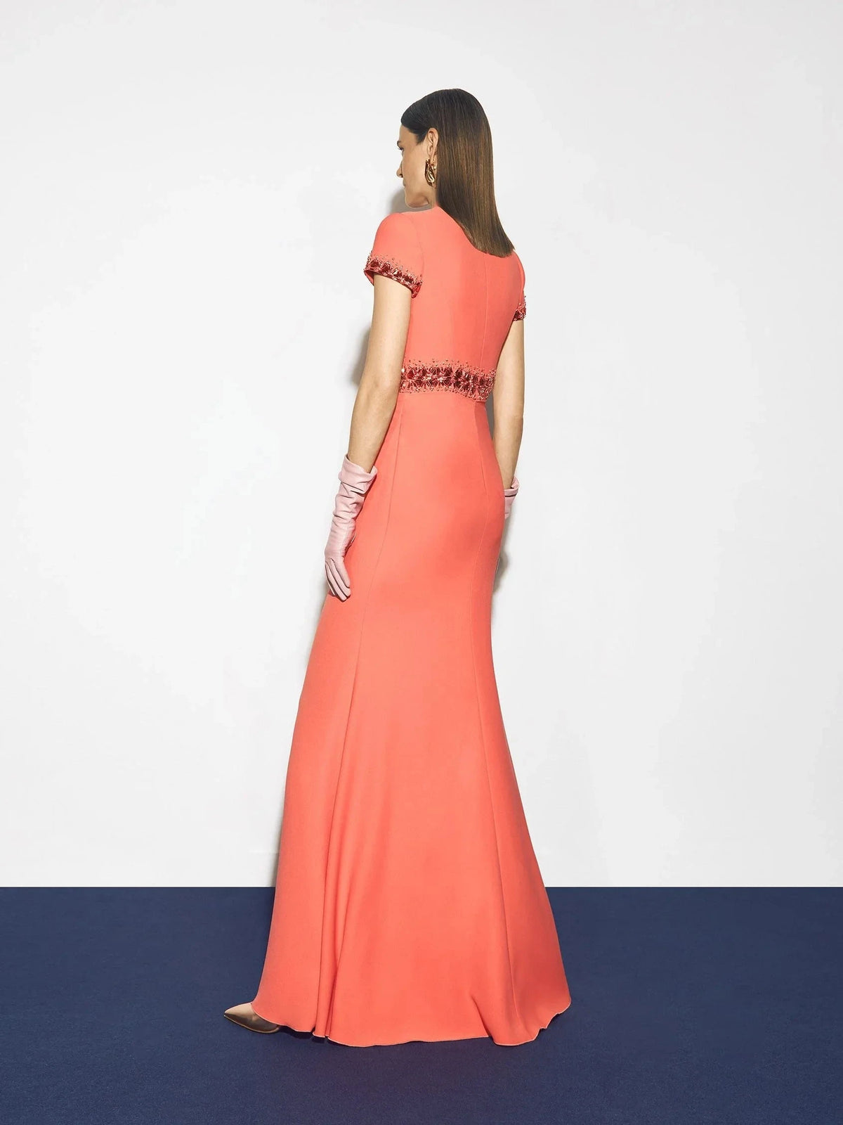 Coral Beaded Short Sleeve Maxi Dress Mermaid evening dress with swan neckline and short sleeves in crepe Mother of the Bride Dresses by YiHuiw