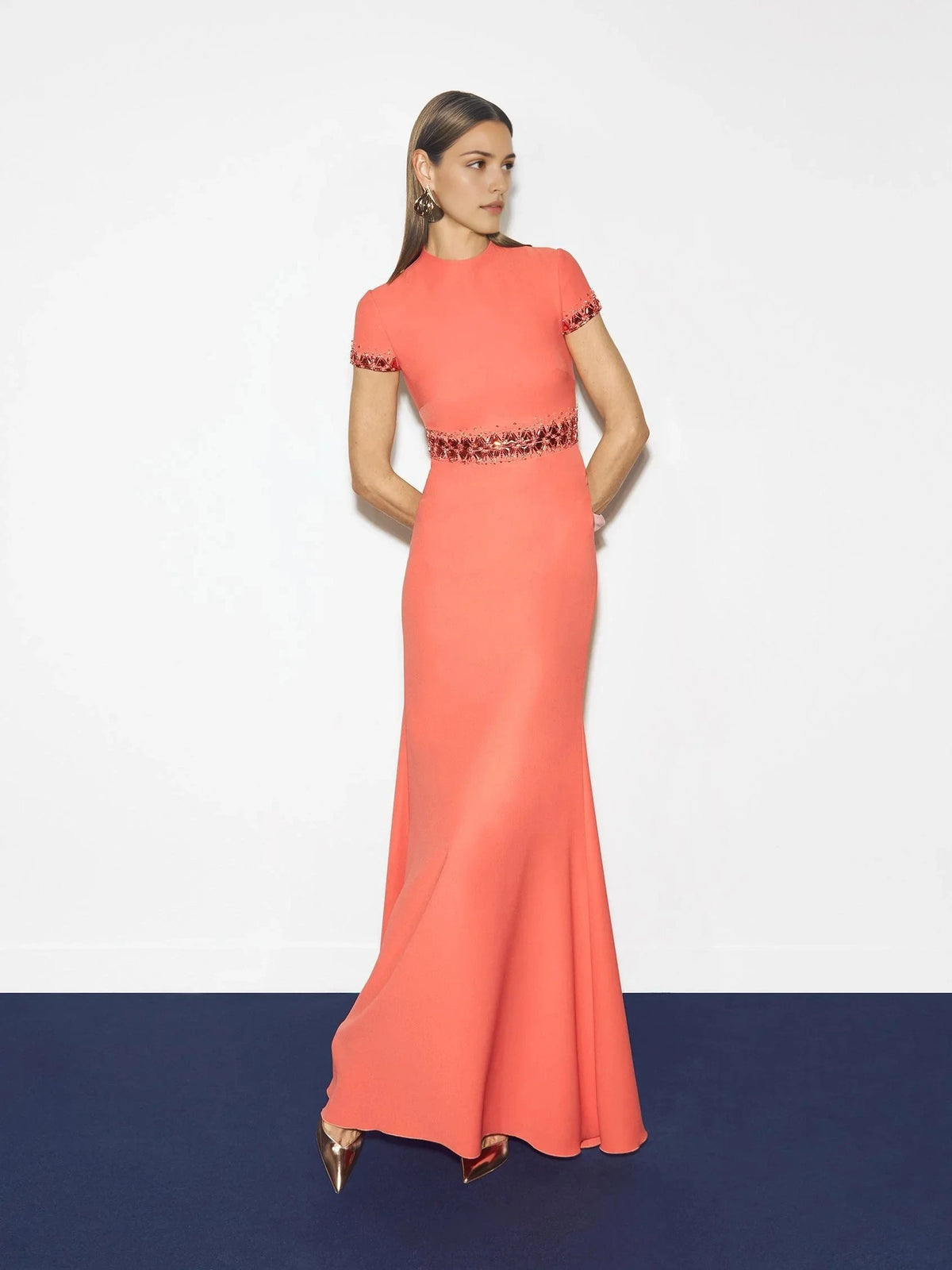 Coral Beaded Short Sleeve Maxi Dress Mermaid evening dress with swan neckline and short sleeves in crepe Mother of the Bride Dresses by YiHuiw