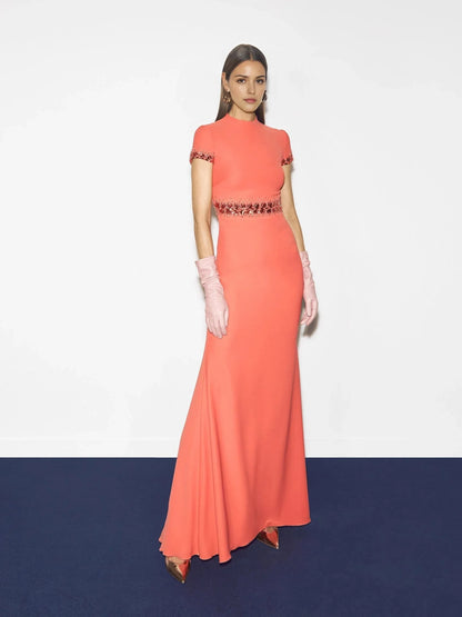 Coral Beaded Short Sleeve Maxi Dress Mermaid evening dress with swan neckline and short sleeves in crepe Mother of the Bride Dresses by YiHuiw