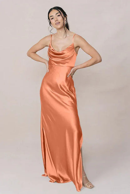 Coral Spaghetti Strap Satin High Slit Wedding Dress - Yihuiw by Yihuiw