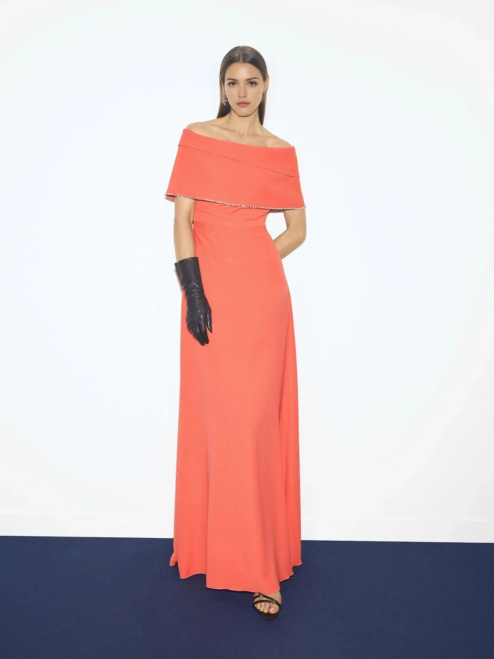 Off-Shoulder Maxi Dress with Embellished Trim A-line party dress with wrap neckline and short sleeves in crepe Mother of the Bride Dresses by YiHuiw