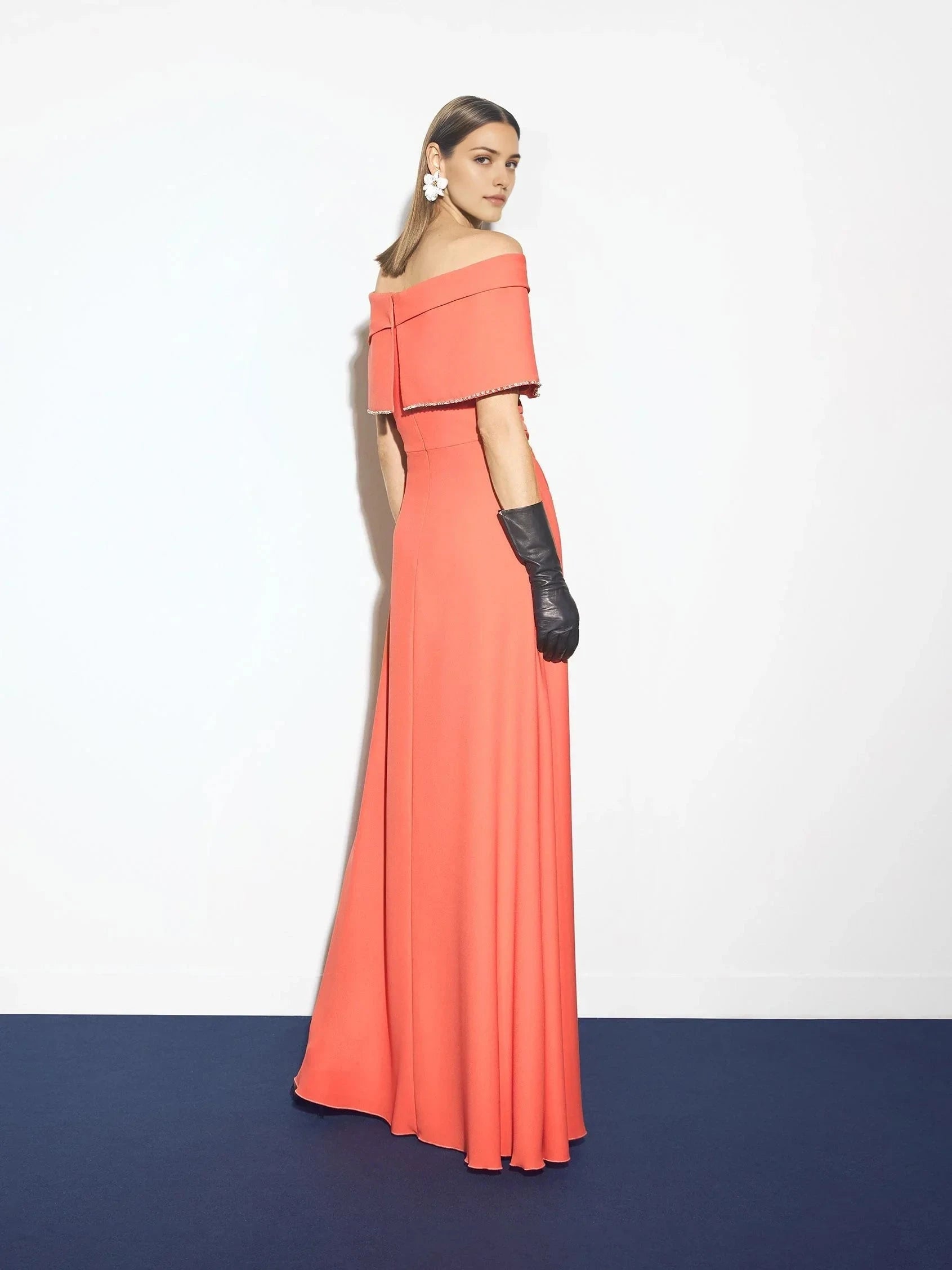 Off-Shoulder Maxi Dress with Embellished Trim A-line party dress with wrap neckline and short sleeves in crepe Mother of the Bride Dresses by YiHuiw