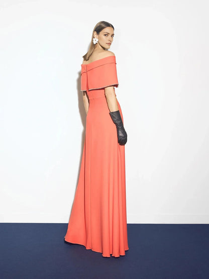 Off-Shoulder Maxi Dress with Embellished Trim A-line party dress with wrap neckline and short sleeves in crepe Mother of the Bride Dresses by YiHuiw