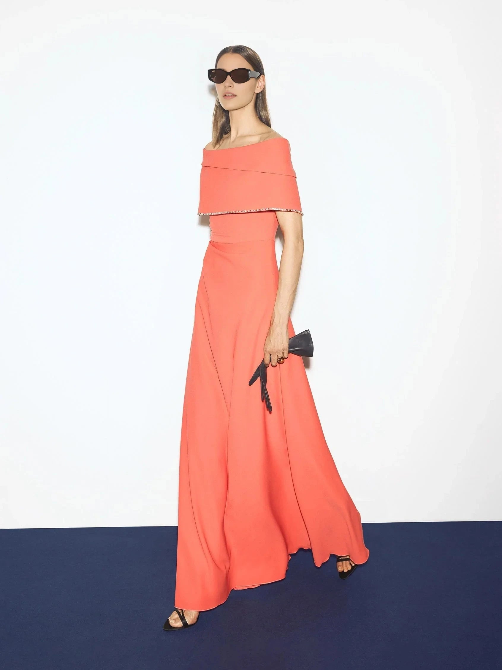 Off-Shoulder Maxi Dress with Embellished Trim A-line party dress with wrap neckline and short sleeves in crepe Mother of the Bride Dresses by YiHuiw