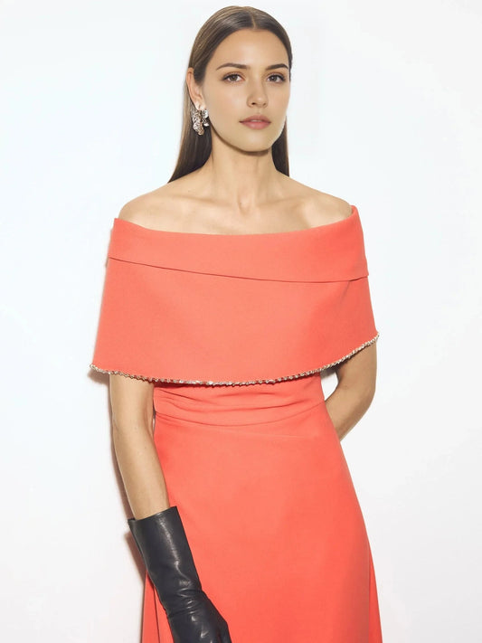 Off-Shoulder Maxi Dress with Embellished Trim A-line party dress with wrap neckline and short sleeves in crepe Mother of the Bride Dresses by YiHuiw