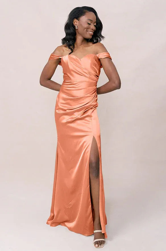 Coral Off-Shoulder Satin High Slit Wedding Dress - Yihuiw by Yihuiw