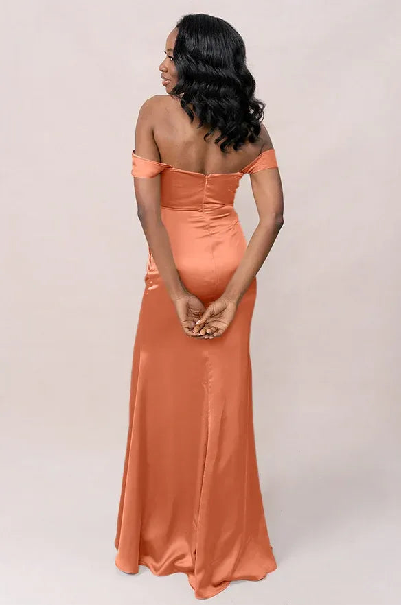 Coral Off-Shoulder Satin High Slit Wedding Dress - Yihuiw by Yihuiw