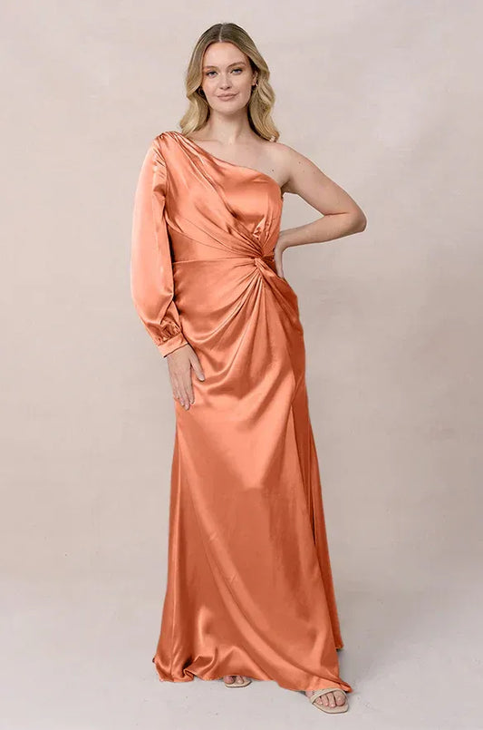 Coral One-Shoulder Satin Long Sleeve Wedding Dress - Yihuiw by Yihuiw