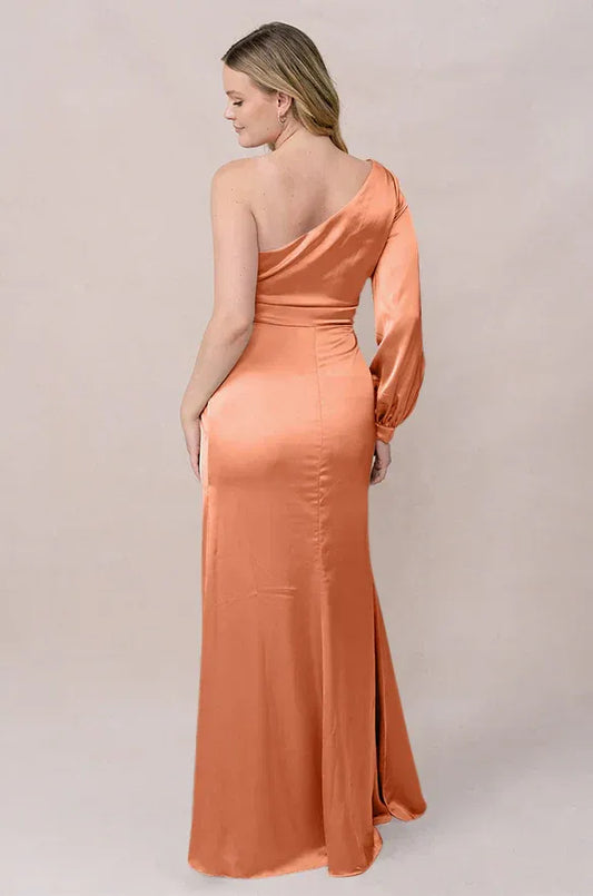 Coral One-Shoulder Satin Long Sleeve Wedding Dress - Yihuiw by Yihuiw