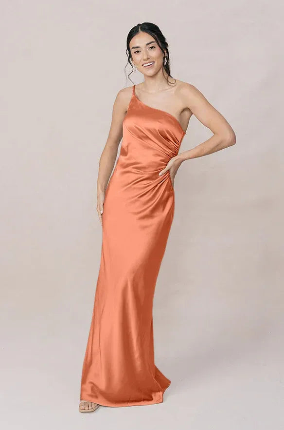 Coral One-Shoulder Satin High Slit Wedding Dress - Yihuiw by Yihuiw