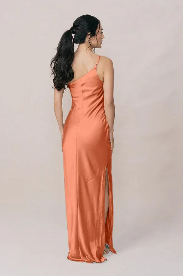 Coral One-Shoulder Satin High Slit Wedding Dress - Yihuiw by Yihuiw