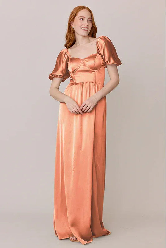 Coral Empire Waist Square Neck Satin Puff Sleeve Wedding Dress - Yihuiw by Yihuiw