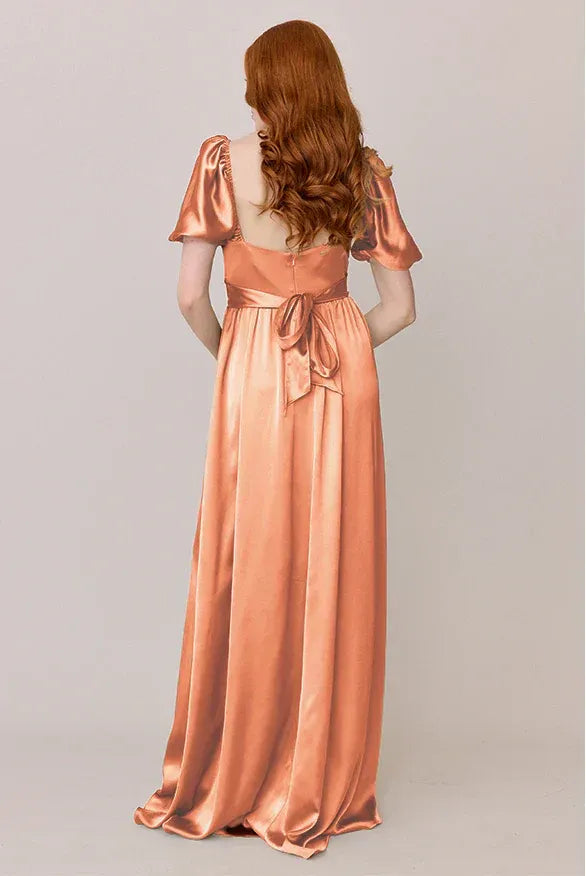 Coral Empire Waist Square Neck Satin Puff Sleeve Wedding Dress - Yihuiw by Yihuiw