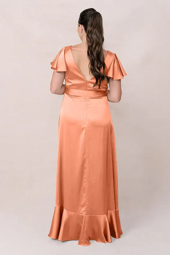 Coral V-Neck Satin Ruffled Wedding Dress - Yihuiw by Yihuiw