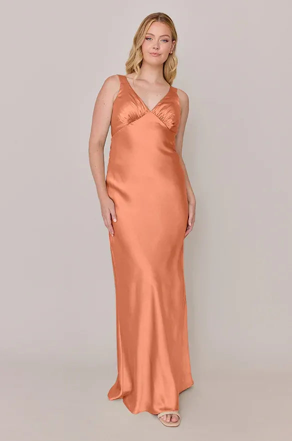 Coral V-Neck Satin Sleeveless Wedding Dress - Yihuiw by Yihuiw