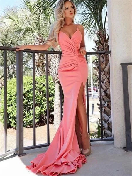 Coral pink suspender long dress with deep V-neckline and thin suspender suitable for dinners, dances, etc by YiHuiw