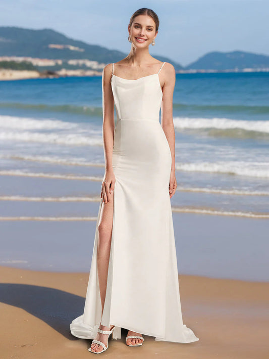 Cowl-Neck Spaghetti-Strap Satin Wedding Dress with Beaded Straps, Cutout Back, High Thigh Slit & Chapel Train