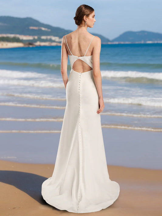 Cowl-Neck Spaghetti-Strap Satin Wedding Dress with Beaded Straps, Cutout Back, High Thigh Slit & Chapel Train