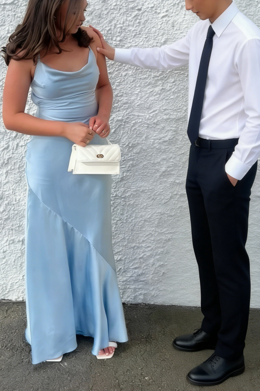 Cowl Neck Satin Maxi Prom Dress with Crisscross Open Back, Self-Tie Strap & Asymmetric Hem by JiMiss Dresses