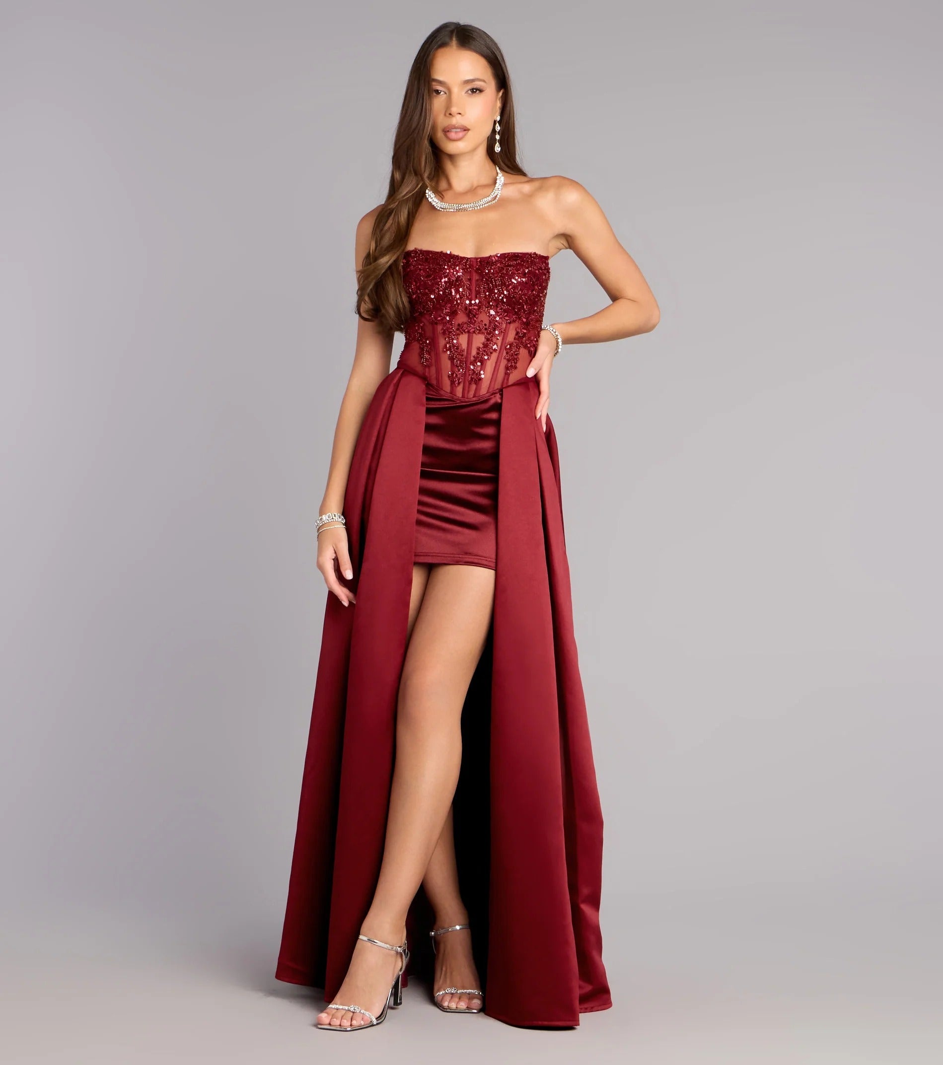 Glamorous Strapless Sequin Beaded Corset Mini Dress with Satin Overskirt Lace-Up Back Prom Dress by LANQI DRESS