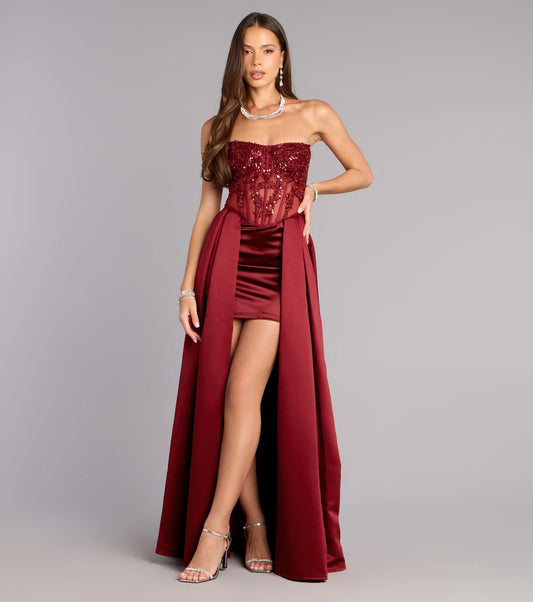 Glamorous Strapless Sequin Beaded Corset Mini Dress with Satin Overskirt Lace-Up Back Prom Dress by LANQI DRESS