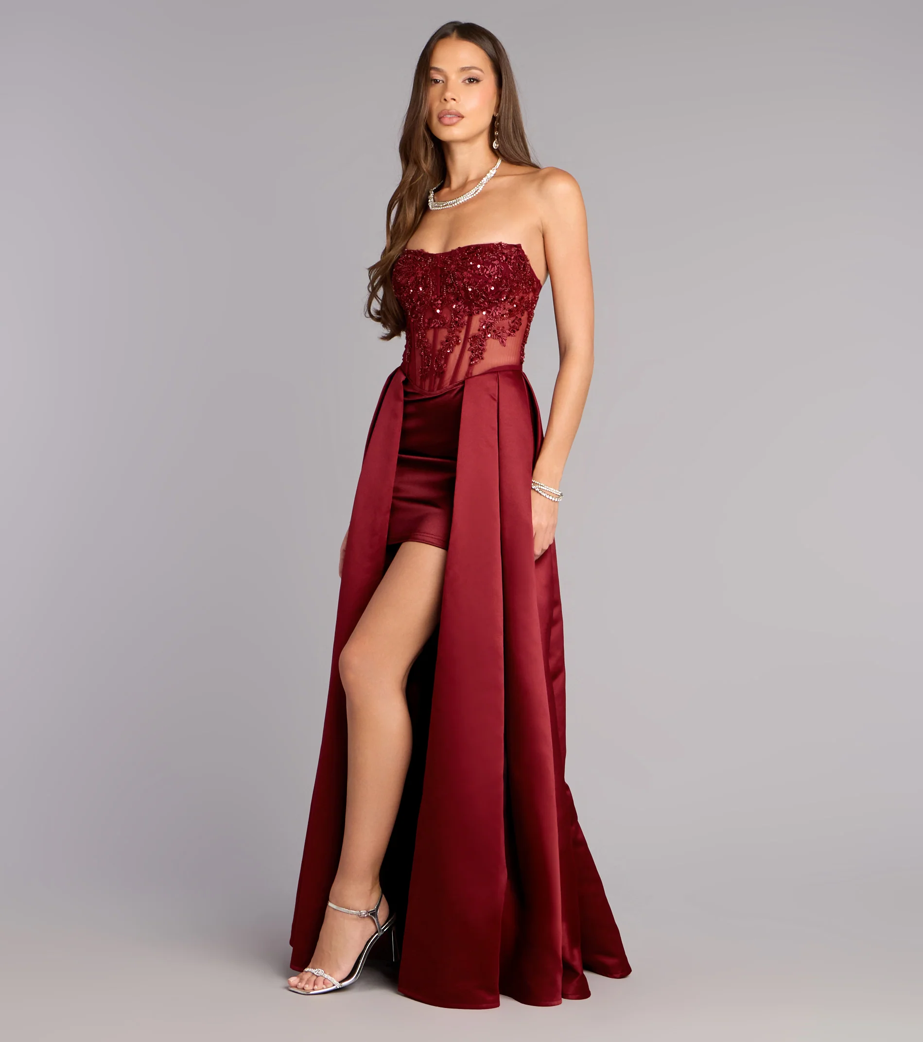 Glamorous Strapless Sequin Beaded Corset Mini Dress with Satin Overskirt Lace-Up Back Prom Dress by LANQI DRESS