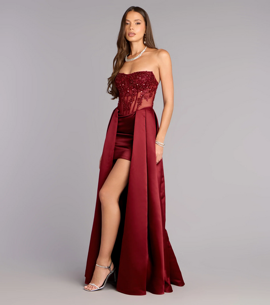 Glamorous Strapless Sequin Beaded Corset Mini Dress with Satin Overskirt Lace-Up Back Prom Dress by LANQI DRESS