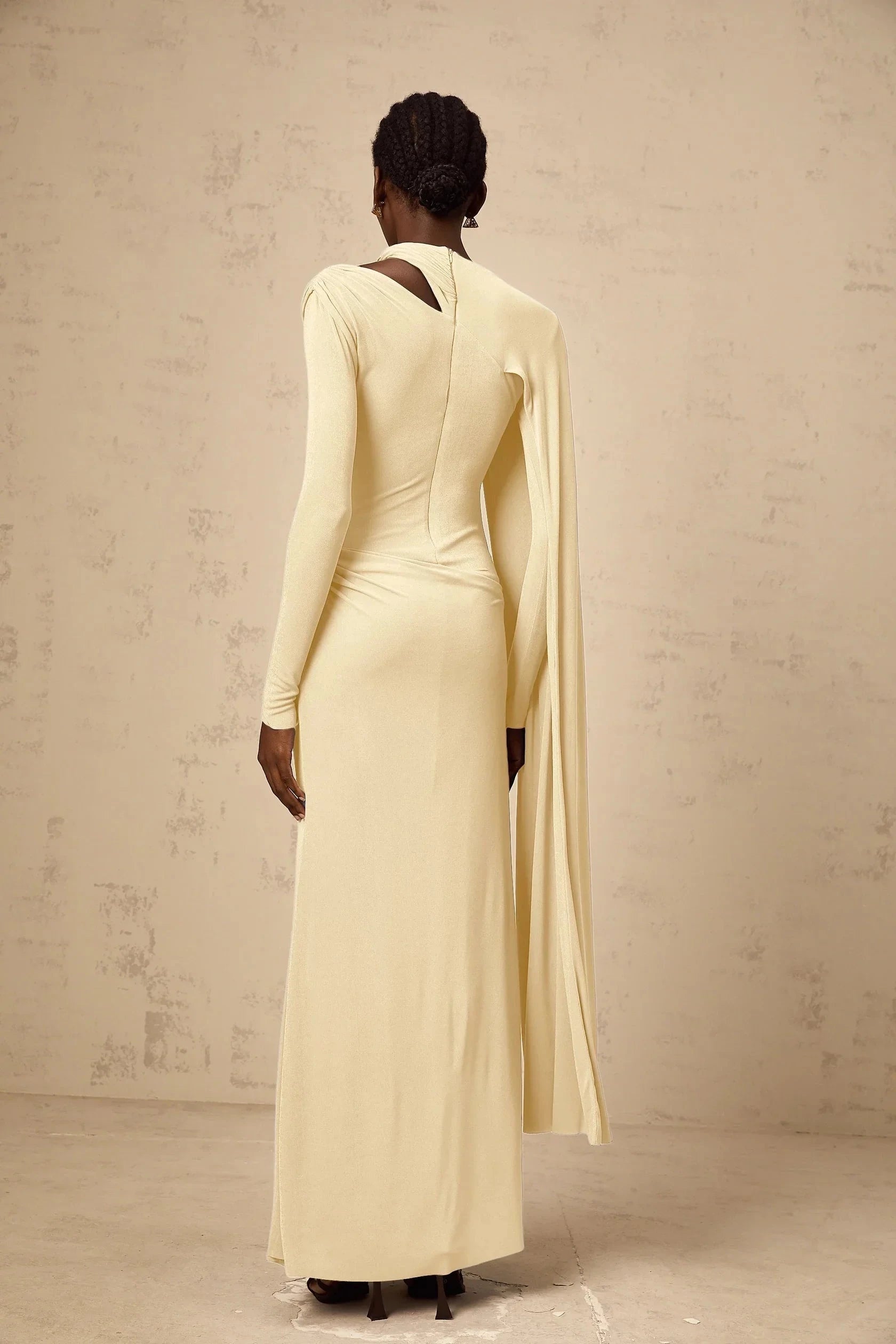 Cream Asymmetric Cape Sleeve Maxi Dress Josette Yellow Diagonal Shawl Fitted Maxi Dress Evening Dress by YiHuiw
