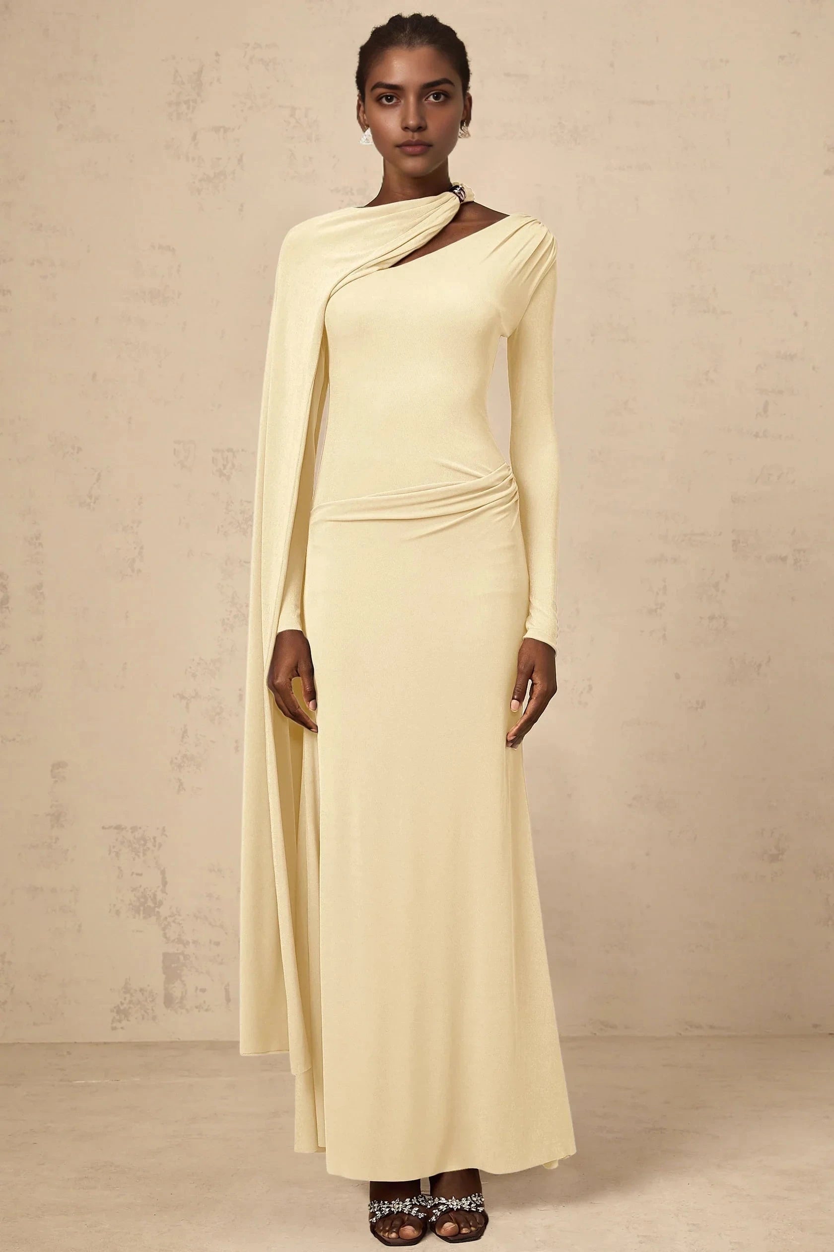 Cream Asymmetric Cape Sleeve Maxi Dress Josette Yellow Diagonal Shawl Fitted Maxi Dress Evening Dress by YiHuiw