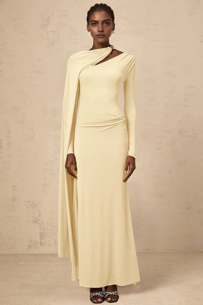 Cream Asymmetric Cape Sleeve Maxi Dress Josette Yellow Diagonal Shawl Fitted Maxi Dress Evening Dress by YiHuiw