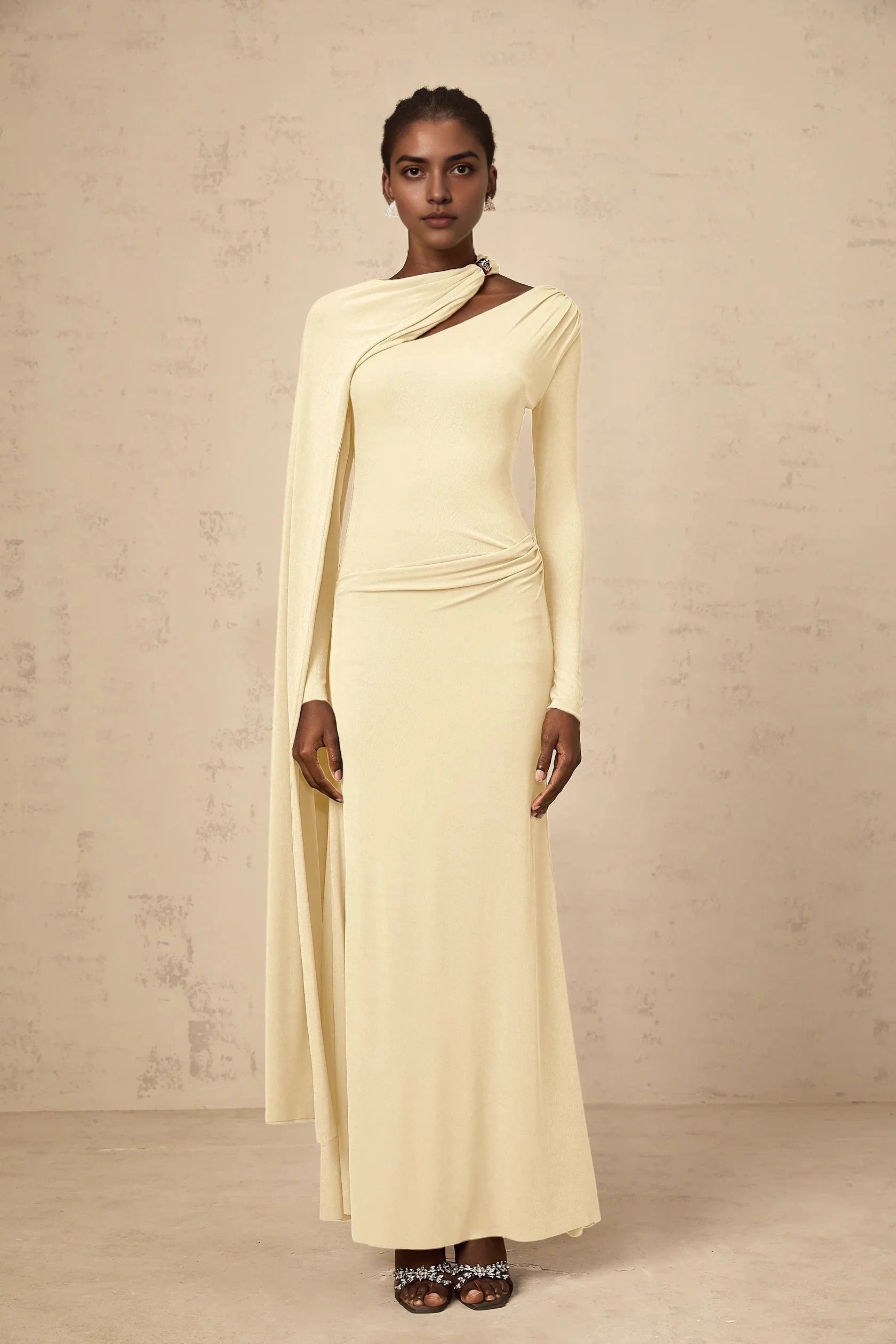 Cream Asymmetric Cape Sleeve Maxi Dress Josette Yellow Diagonal Shawl Fitted Maxi Dress Evening Dress by YiHuiw