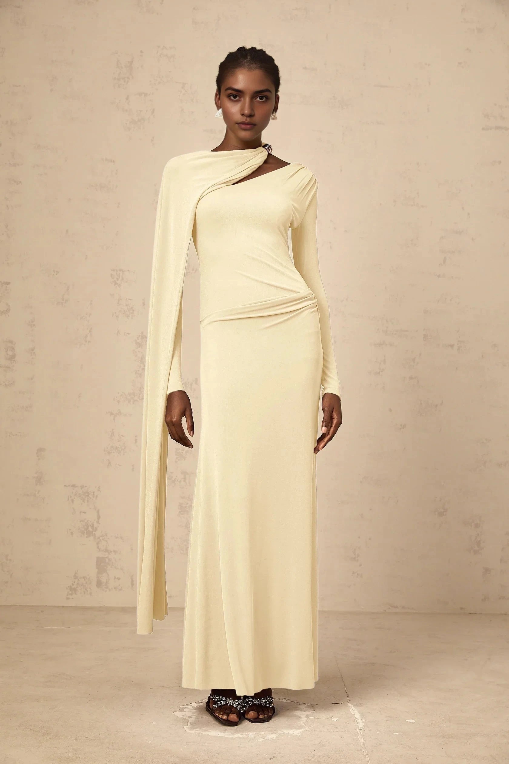 Cream Asymmetric Cape Sleeve Maxi Dress Josette Yellow Diagonal Shawl Fitted Maxi Dress Evening Dress by YiHuiw