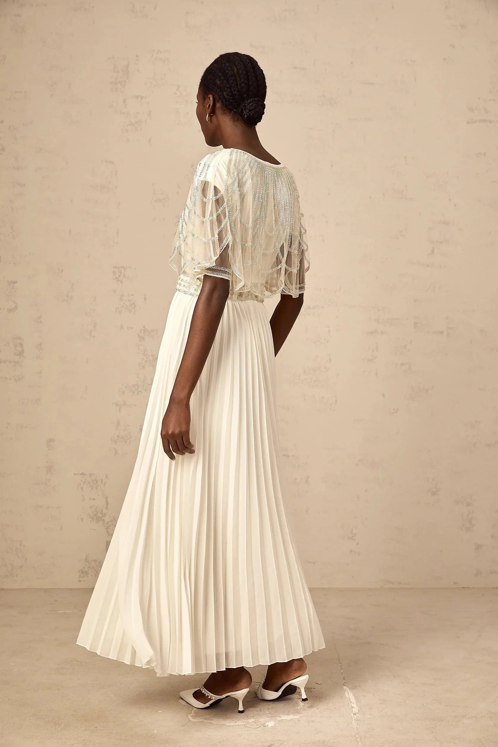 Cream Beaded Cape Sleeve Pleated Maxi Dress white crystal-embellished pleated maxi dress Evening Dress by YiHuiw