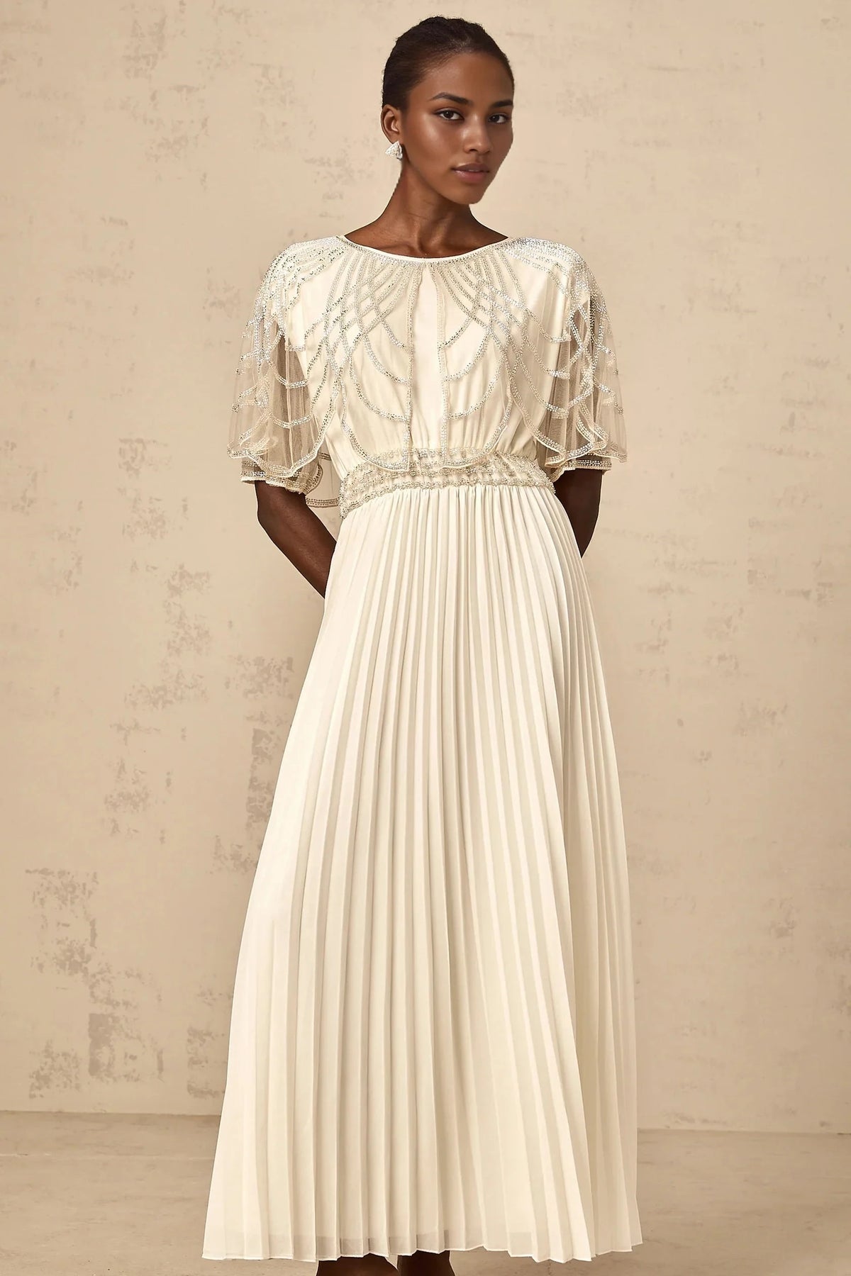 Cream Beaded Cape Sleeve Pleated Maxi Dress white crystal-embellished pleated maxi dress Evening Dress by YiHuiw