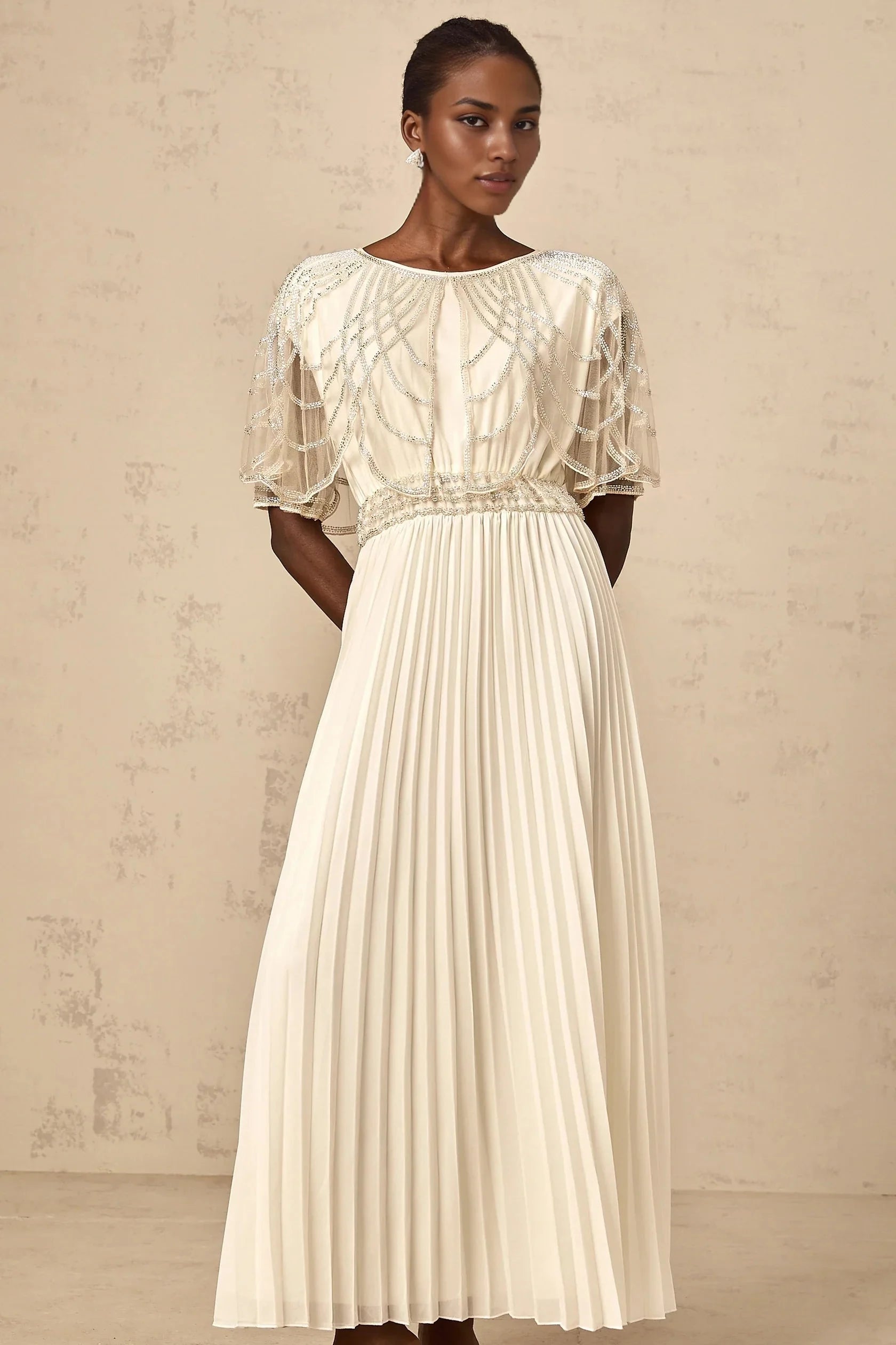 Cream Beaded Cape Sleeve Pleated Maxi Dress white crystal-embellished pleated maxi dress Evening Dress by YiHuiw