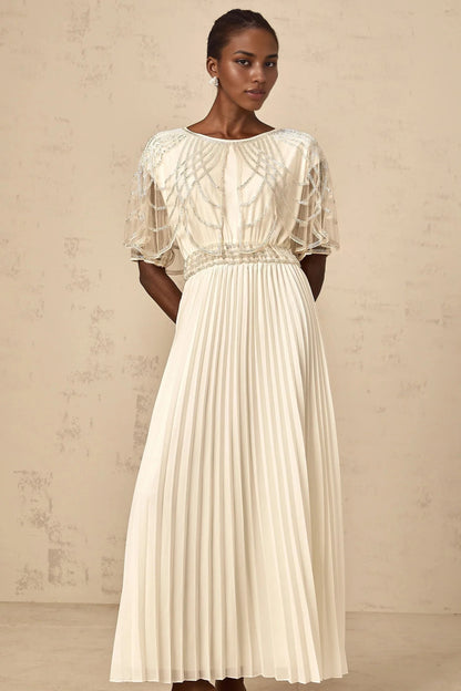 Cream Beaded Cape Sleeve Pleated Maxi Dress white crystal-embellished pleated maxi dress Evening Dress by YiHuiw