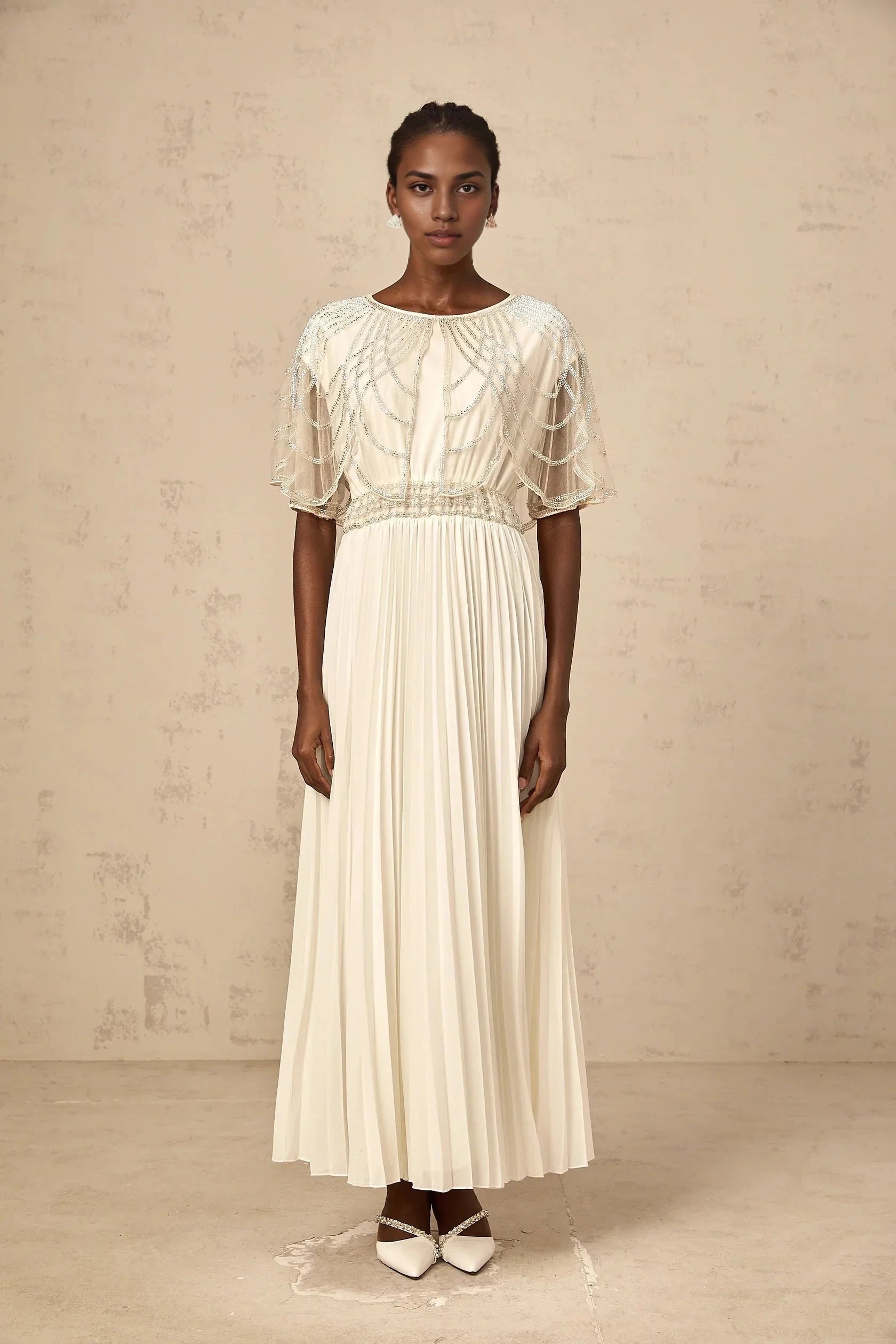 Cream Beaded Cape Sleeve Pleated Maxi Dress white crystal-embellished pleated maxi dress Evening Dress by YiHuiw