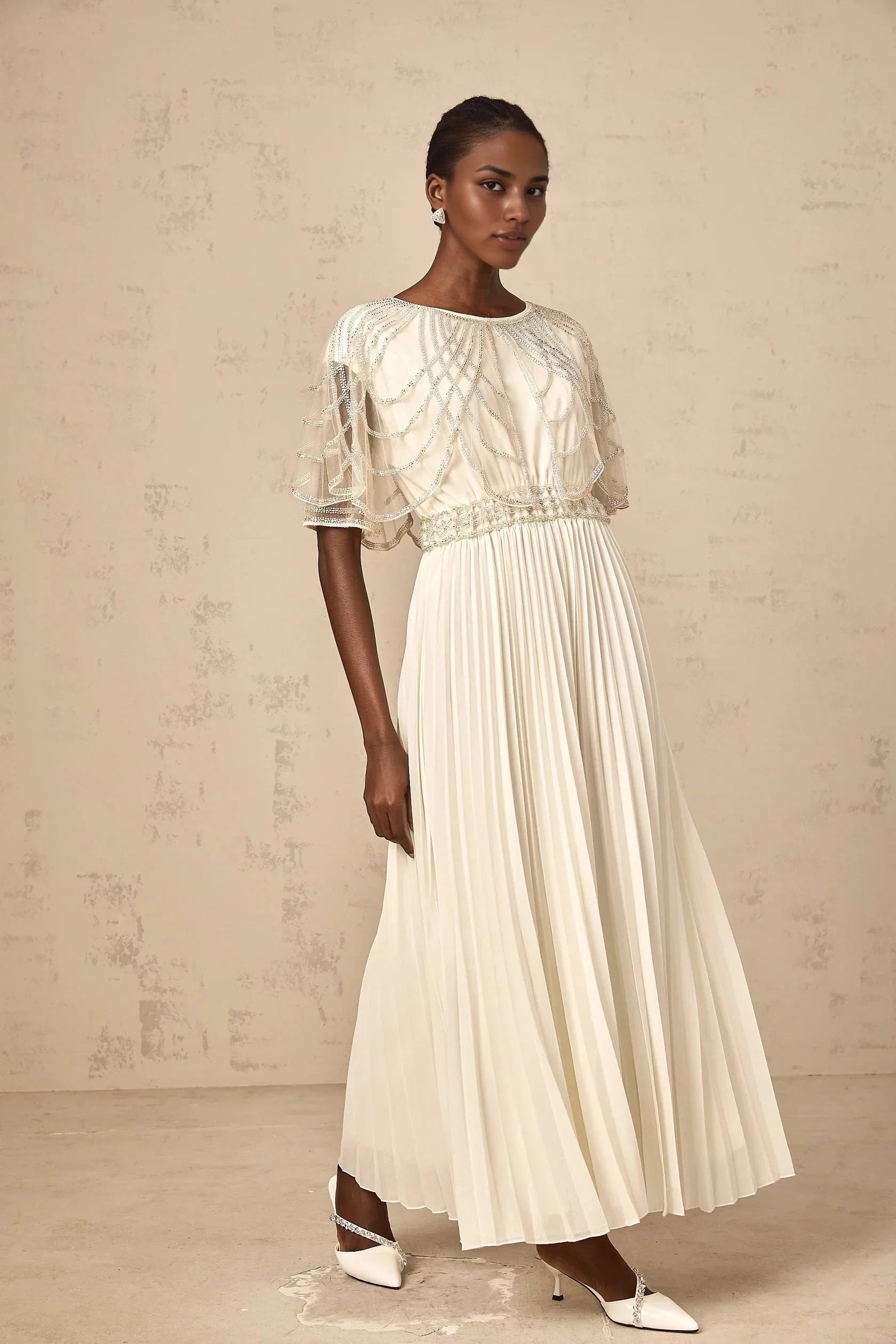 Cream Beaded Cape Sleeve Pleated Maxi Dress white crystal-embellished pleated maxi dress Evening Dress by YiHuiw